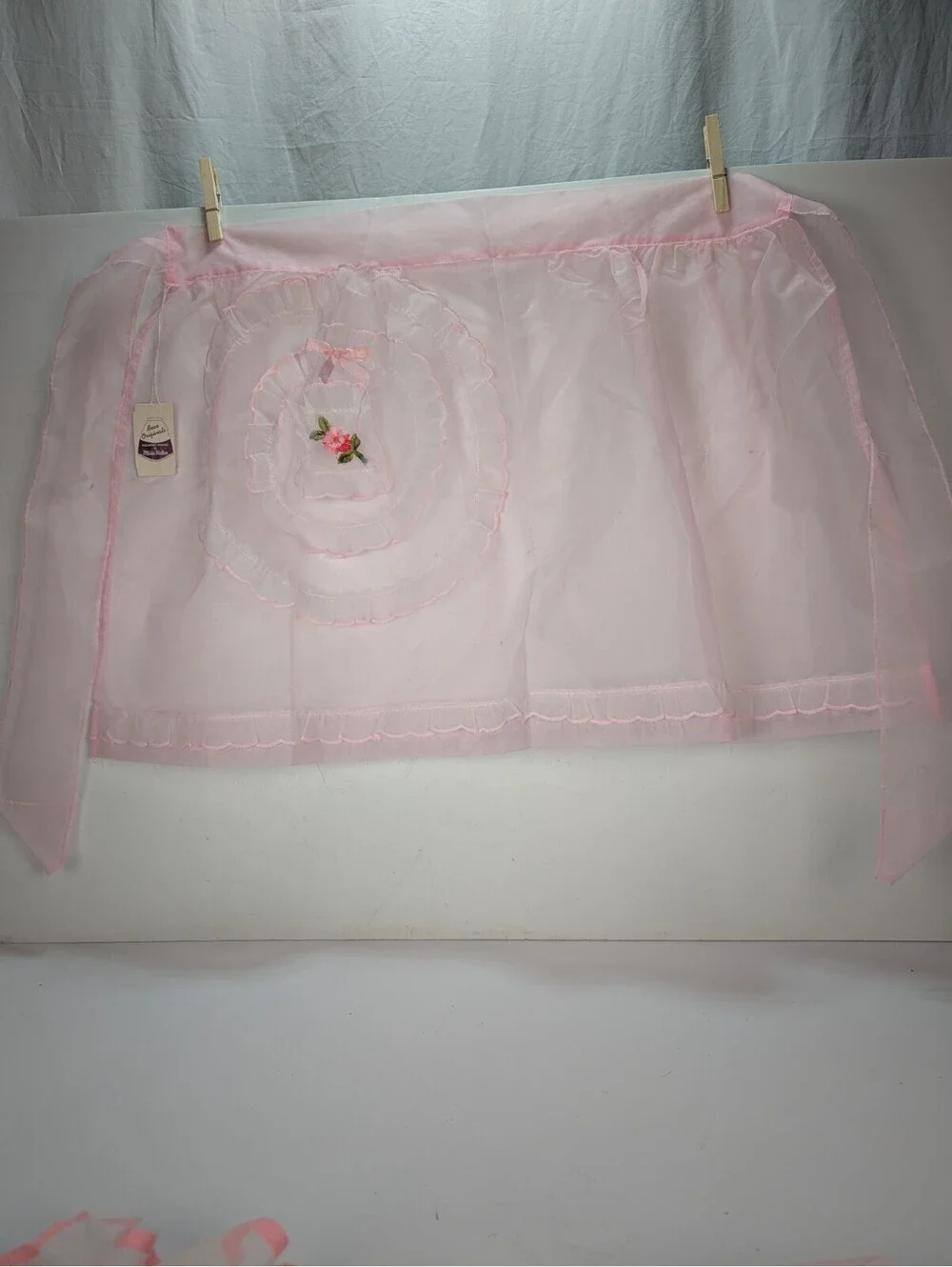 NWT Pink Sheer Half Apron Floral Lace Trim Hostess Cottagecore Beco Original VTG